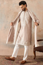 Beige Silk Blend Solid Embroidered Kurta With Dupatta MKUD1042