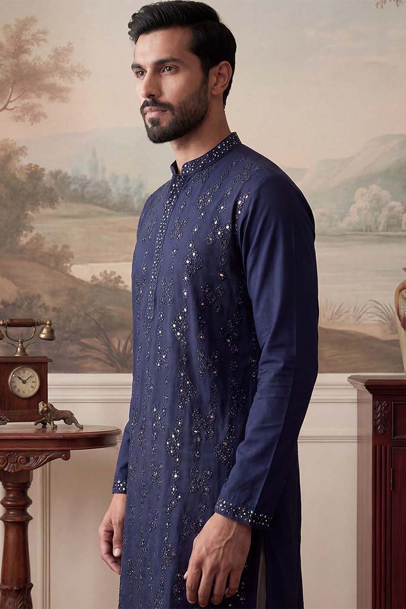 Blue Silk Blend Solid Embroidered Kurta MKU2075