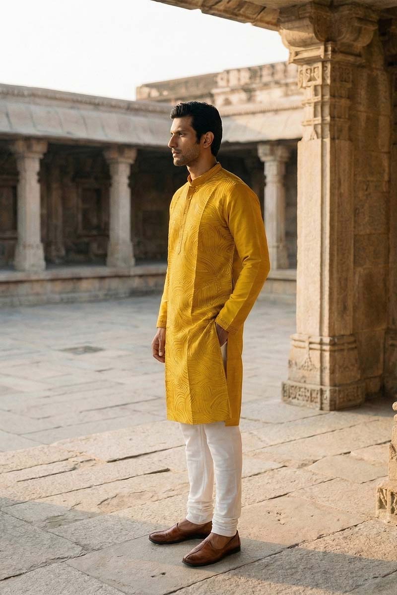 Yellow Silk Blend Embroidered Straight Kurta With Trousers MKSET2073