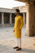 Yellow Silk Blend Embroidered Straight Kurta With Trousers MKSET2073