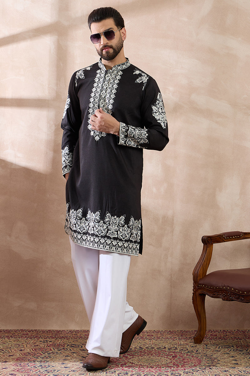 Black Silk Blend Embroidered Mandarin Collar Straight Kurta With Trouser MKSET2019