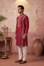 Red Silk Blend Solid Emboidered Straight Kurta MKU2314