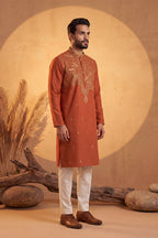 Orange Silk Blend Solid Emboidered Straight Kurta MKU2372