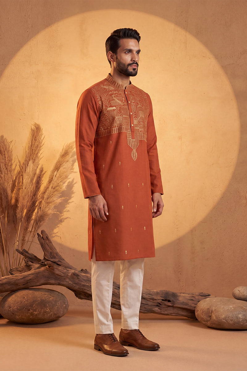 Orange Silk Blend Solid Emboidered Straight Kurta MKU2372