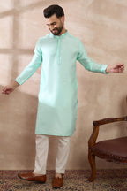 Teal Polyester Woven Design Mandarin Collar Straight Kurta With Trouser MKSET2016