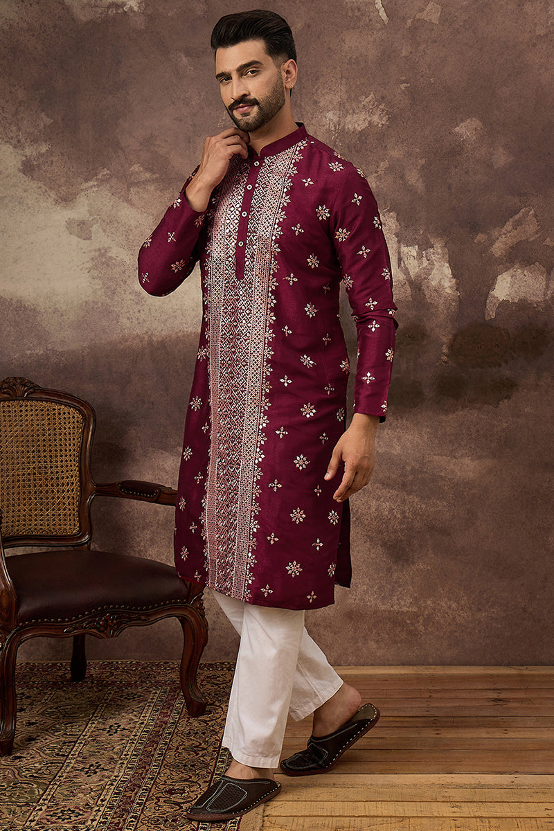 Maroon Silk Blend Embroidered Indian Wear for Men MKU1369 | DesiQlo