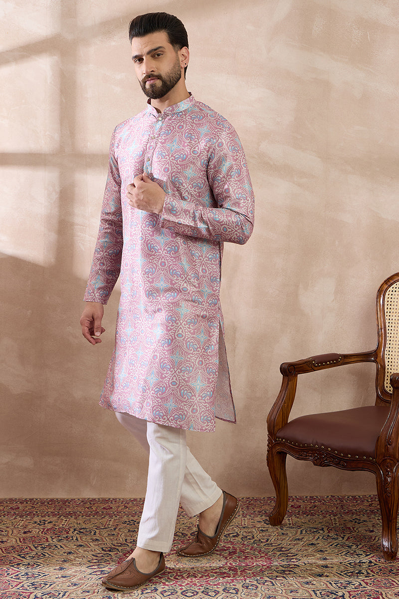 Lavender Silk Blend Printed Mandarin Collar Straight Kurta With Trouser MKSET1985