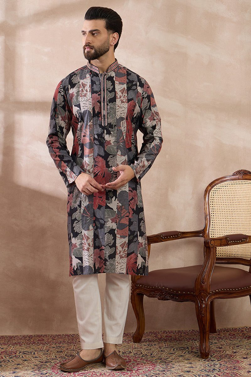 Black Silk Blend Printed Mandarin Collar Straight Kurta With Trouser MKSET1977
