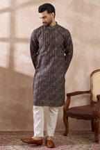 Black Silk Blend Printed Mandarin Collar Straight Kurta MKU2116