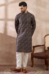 Black Silk Blend Printed Mandarin Collar Straight Kurta MKU2116