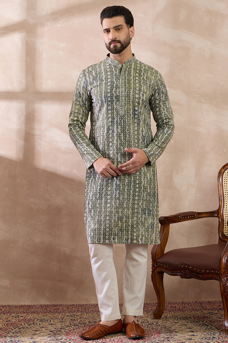 Green Silk Blend Printed Indian Wear for Men MKSET1661 | DesiQlo
