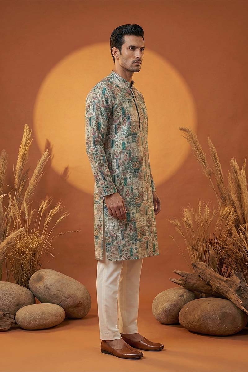 Multi Silk Blend Printed Straight Kurta With Trousers MKSET1973