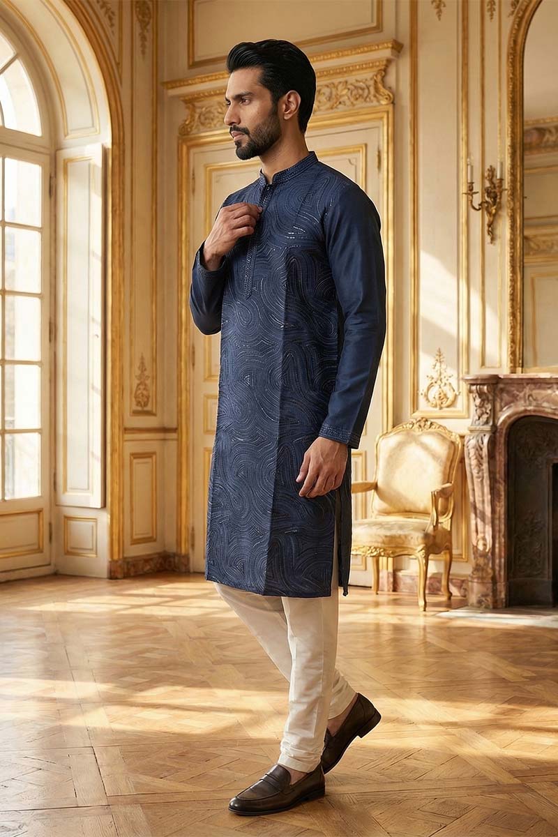 Blue Silk Blend Embroidered Straight Kurta MKU2124