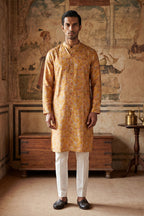 Mustard Silk Blend Printed Straight Kurta With Trousers MKSET1976