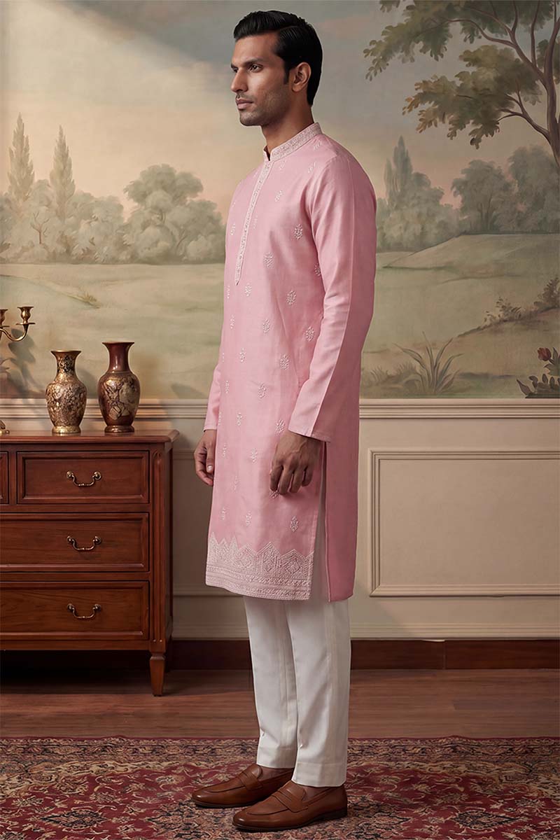 Silk Blend Pink Solid Embroidered Calf Length Straight Kurta With Trousers MKSET2271