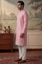 Silk Blend Pink Solid Embroidered Calf Length Straight Kurta With Trousers MKSET2271