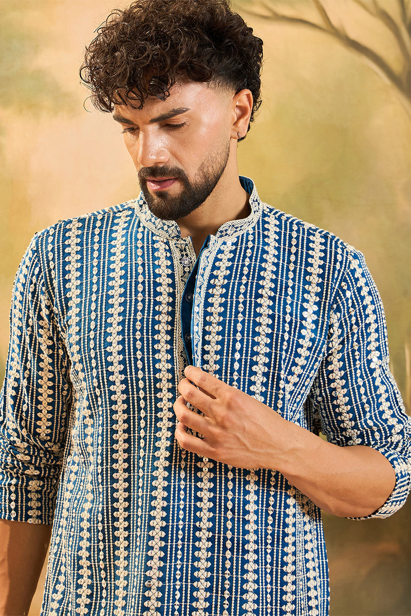 Blue Viscose Rayon Embroidered Straight Kurta MKU1412
