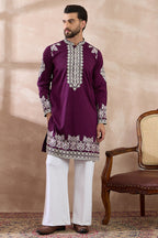 Purple Silk Blend Embroidered Mandarin Collar Straight Kurta MKU2018