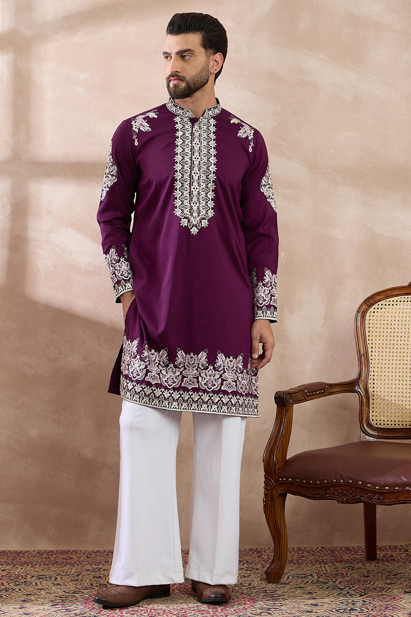 Purple Silk Blend Embroidered Mandarin Collar Straight Kurta MKU2018