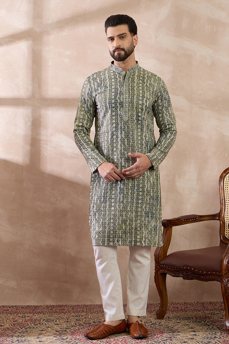 Green Silk Blend Printed Mandarin Collar Straight Kurta MKU1661