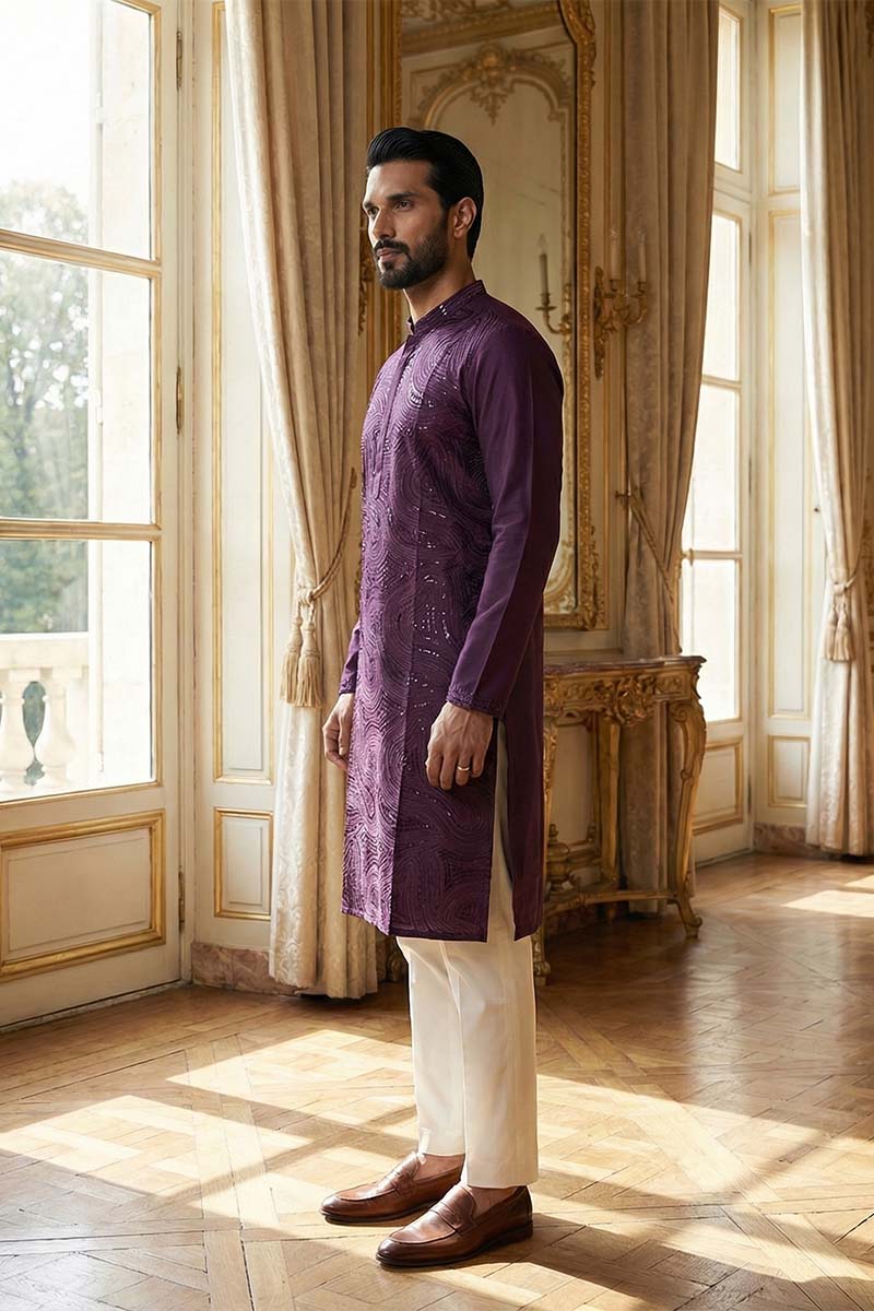Purple Silk Blend Embroidered Straight Kurta MKU2125