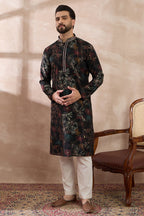 Black Silk Blend Printed Mandarin Collar Straight Kurta MKU1956