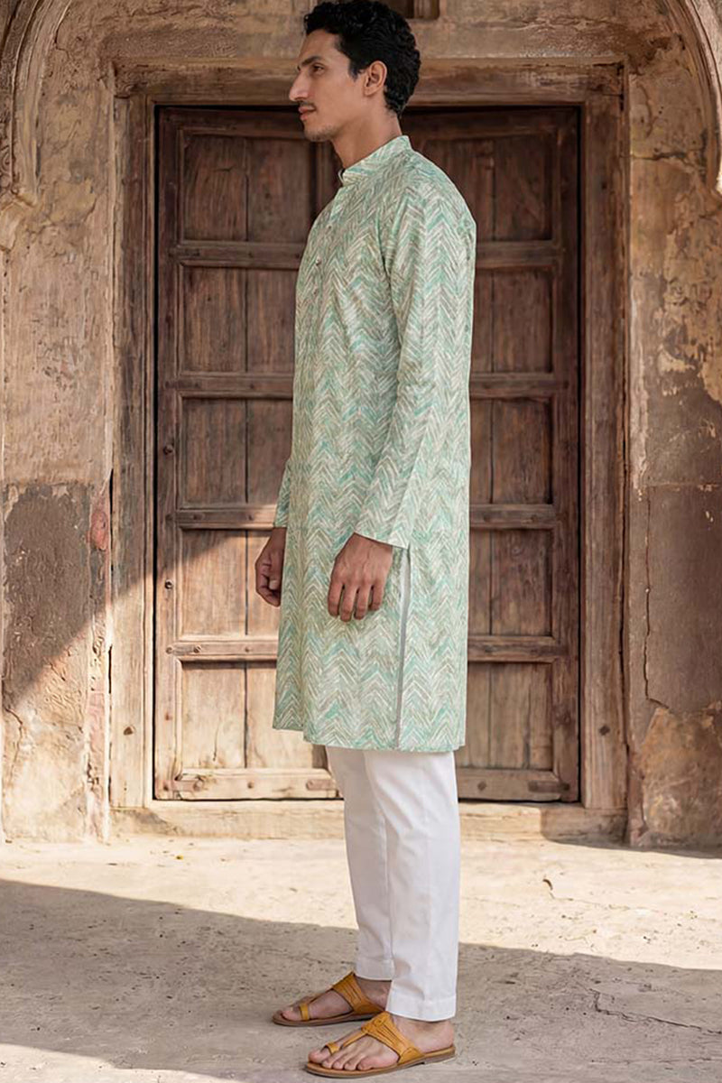 Green Cotton Blend Chevron Embroidered Kurta With Trouser MKSET2068