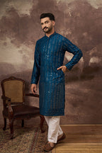Blue Silk Blend Solid Embroidered Straight Kurta MKU1358