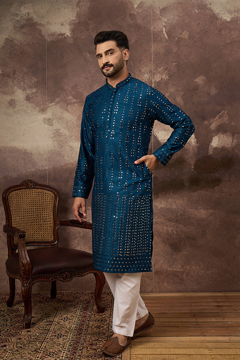 Blue Silk Blend Solid Embroidered Straight Kurta MKU1358