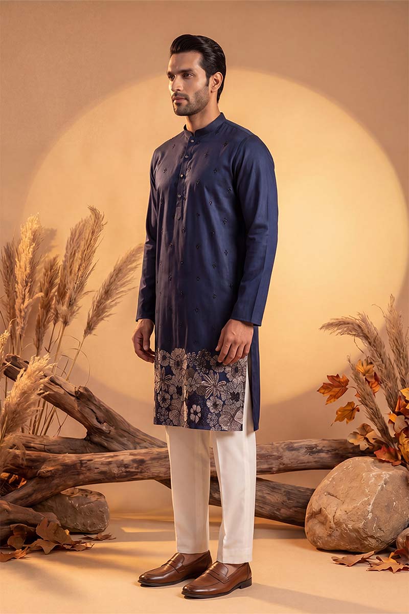 Blue Silk Blend Solid Embroidered Kurta MKU2065