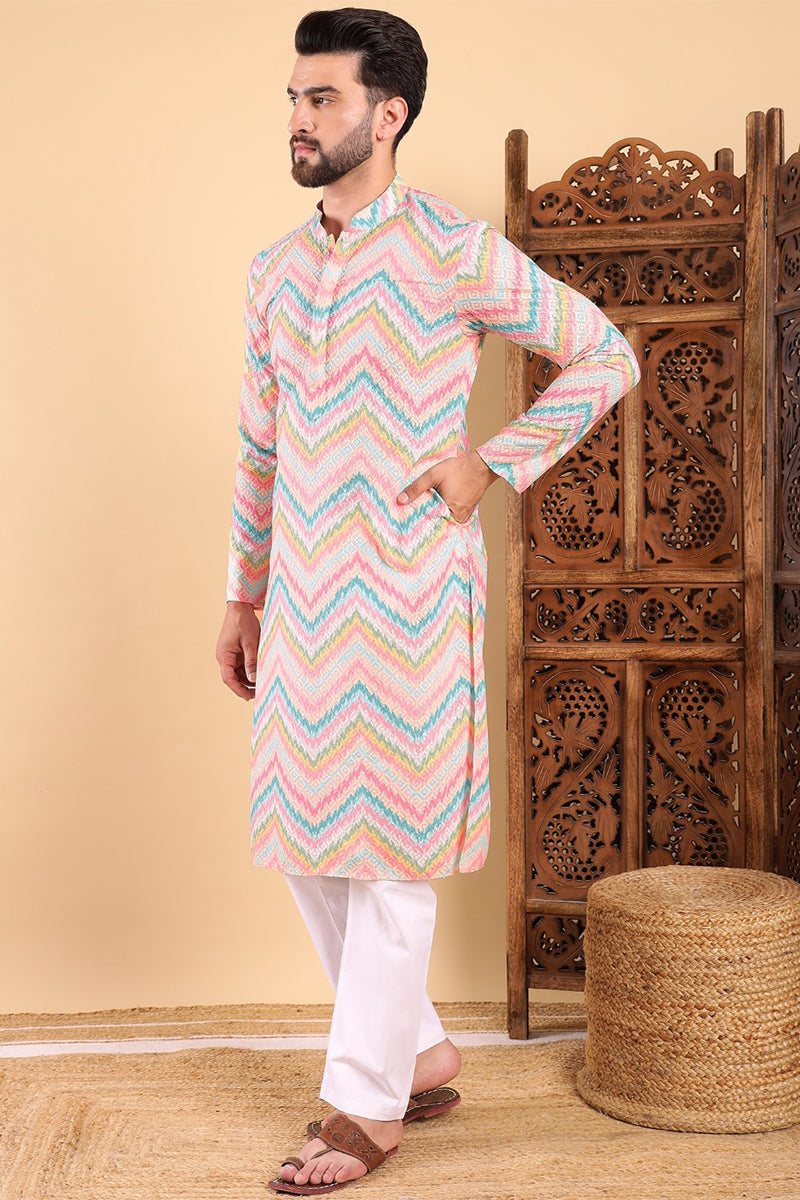 Teal Viscose Rayon Chevron Printed Straight Kurta with Trousers MKSET1008TIL