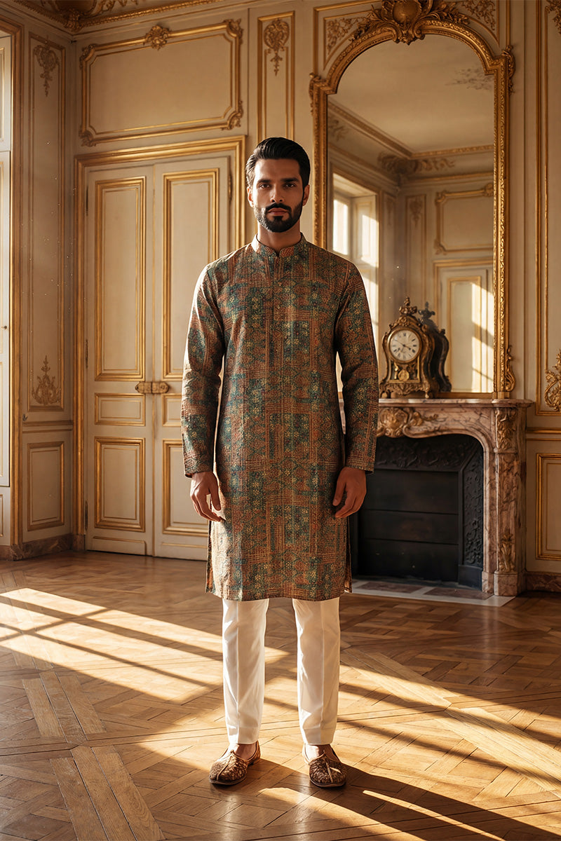 Blue Silk Blend Printed Straight Kurta MKU1934