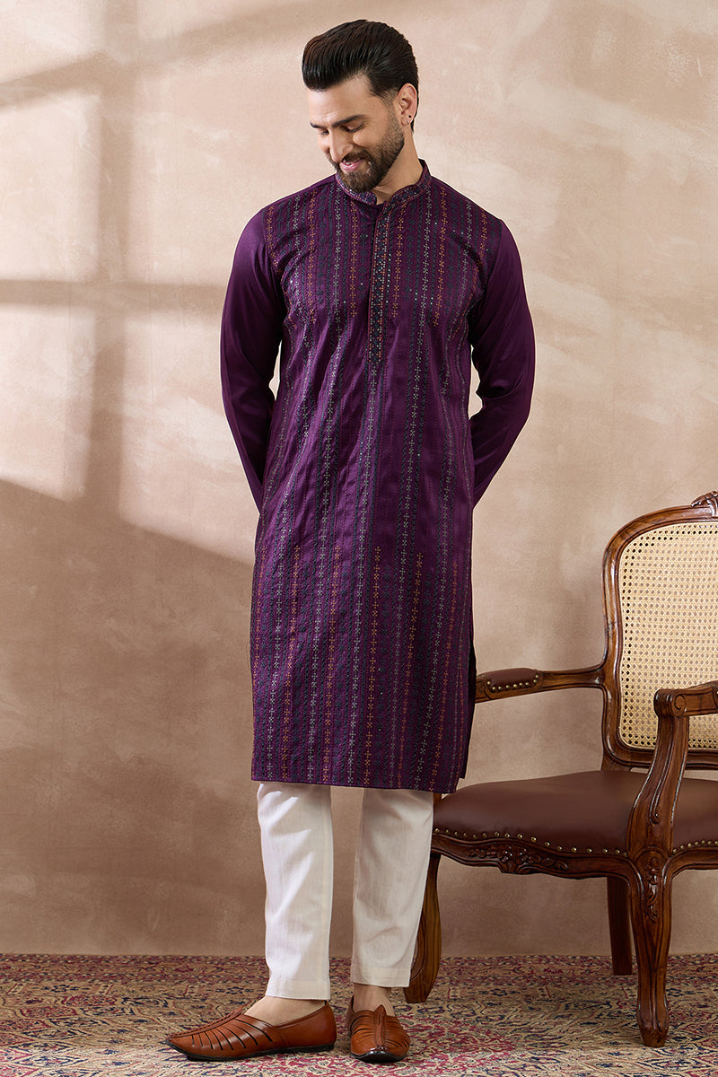 Purple Silk Blend Embroidered Indian Wear for Men MKSET2038 | DesiQlo