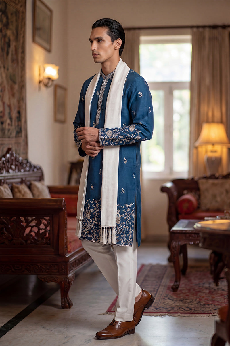 Blue Chanderi Silk Solid Embroidered Straight Kurta Trouser with Dupatta MKPD1315