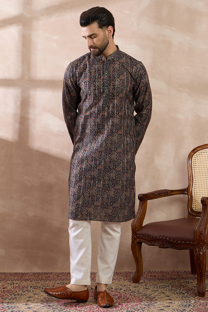 Black Silk Blend Printed Mandarin Collar Straight Kurta With Trouser MKSET2116