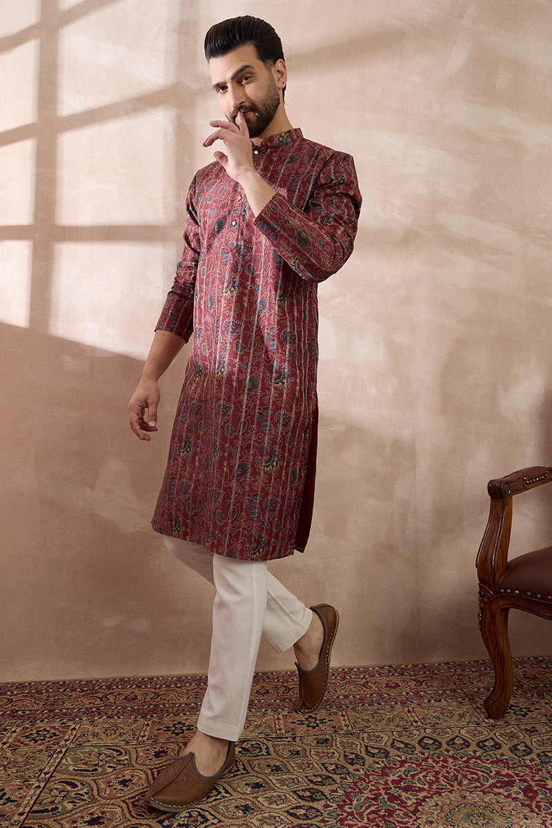 Maroon Silk Blend Printed Mandarin Collar Straight Kurta With Trouser MKSET2025