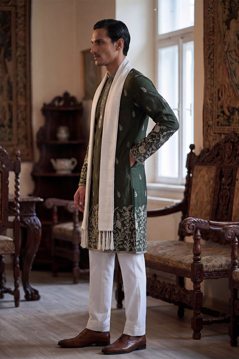 Olive Chanderi Silk Solid Embroidered Straight Kurta Trouser with Dupatta MKPD1319