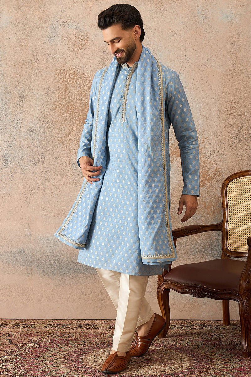 Blue Jacquard Woven Design Floral Straight Kurta Sets MKPD1019