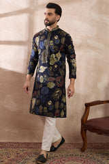 Navy Blue Silk Blend Printed Mandarin Collar Straight Kurta MKU1961