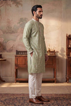 Green Silk Blend Solid Embroidered Kurta MKU2153