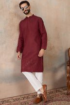 Maroon Silk Blend Solid Emboidered Straight Kurta MKU2289