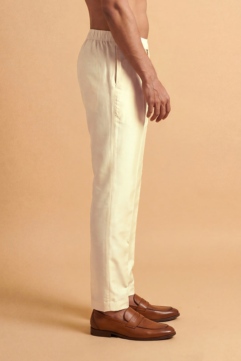 Cream Modal Relaxed Straight Fit Regular Trousers MBOT1012