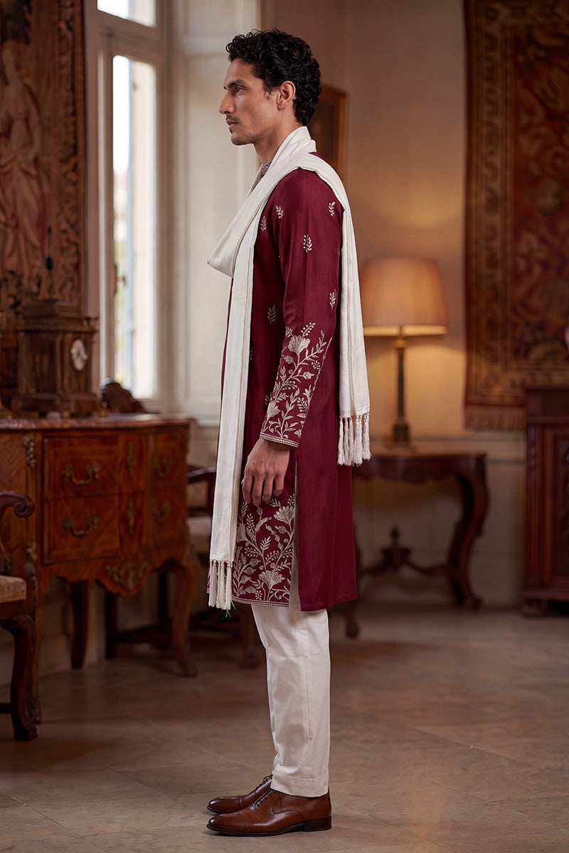 Maroon Silk Blend Solid Embroidered Straight Kurta Trouser with Dupatta MKPD1945