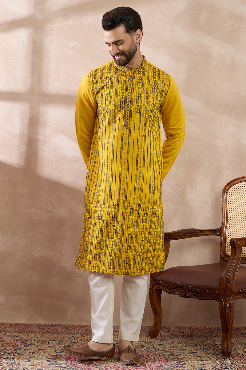 Yellow Silk Blend Embroidered Indian Wear for Men MKSET2039 | DesiQlo
