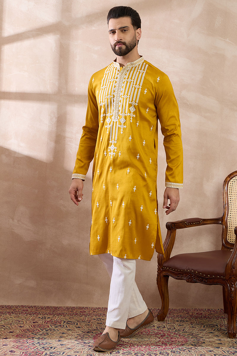 Yellow Silk Blend Embroidered Indian Wear for Men MKSET1786 | DesiQlo