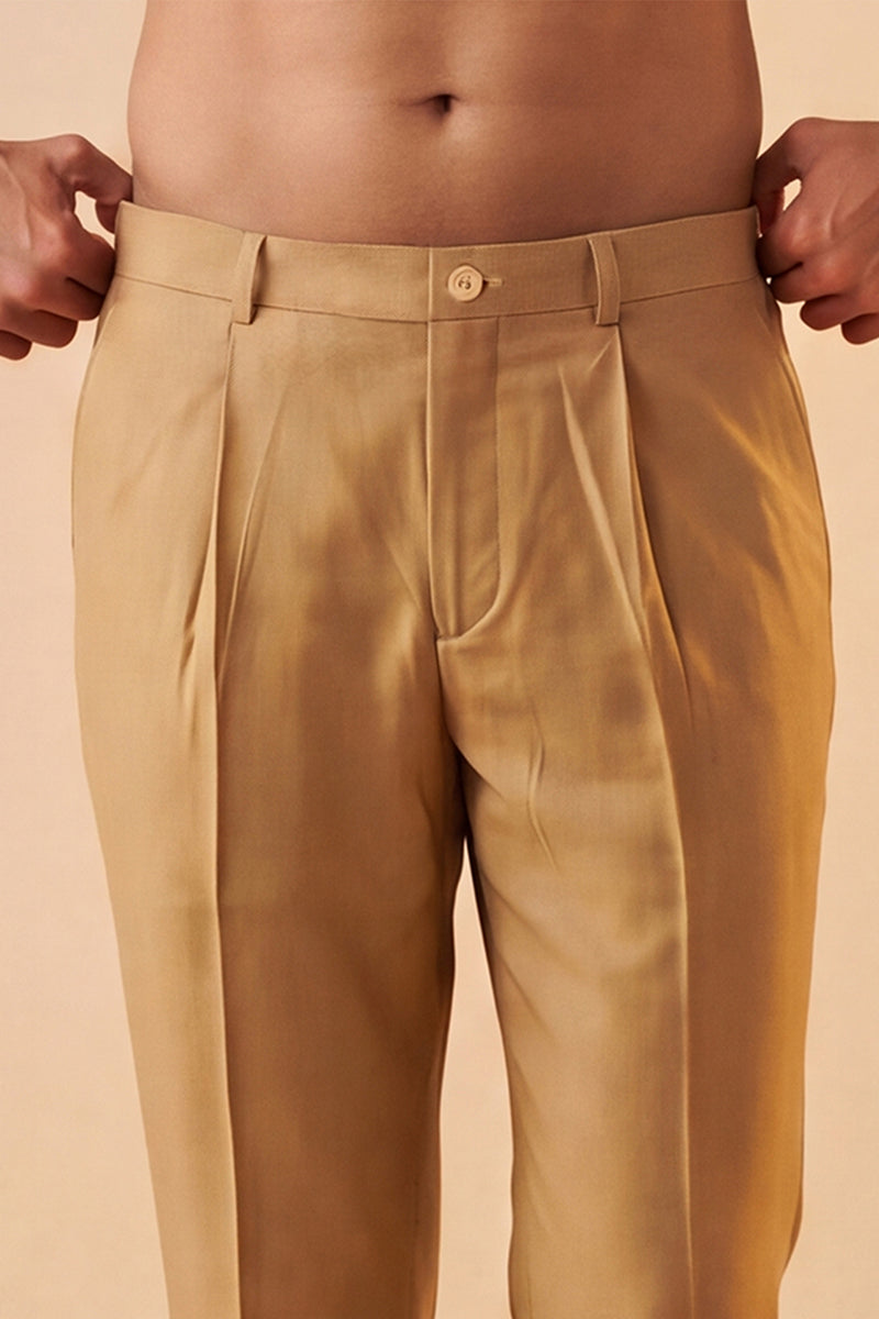 Tan Modal Relaxed Straight Fit Pleated Trousers MBOT1008
