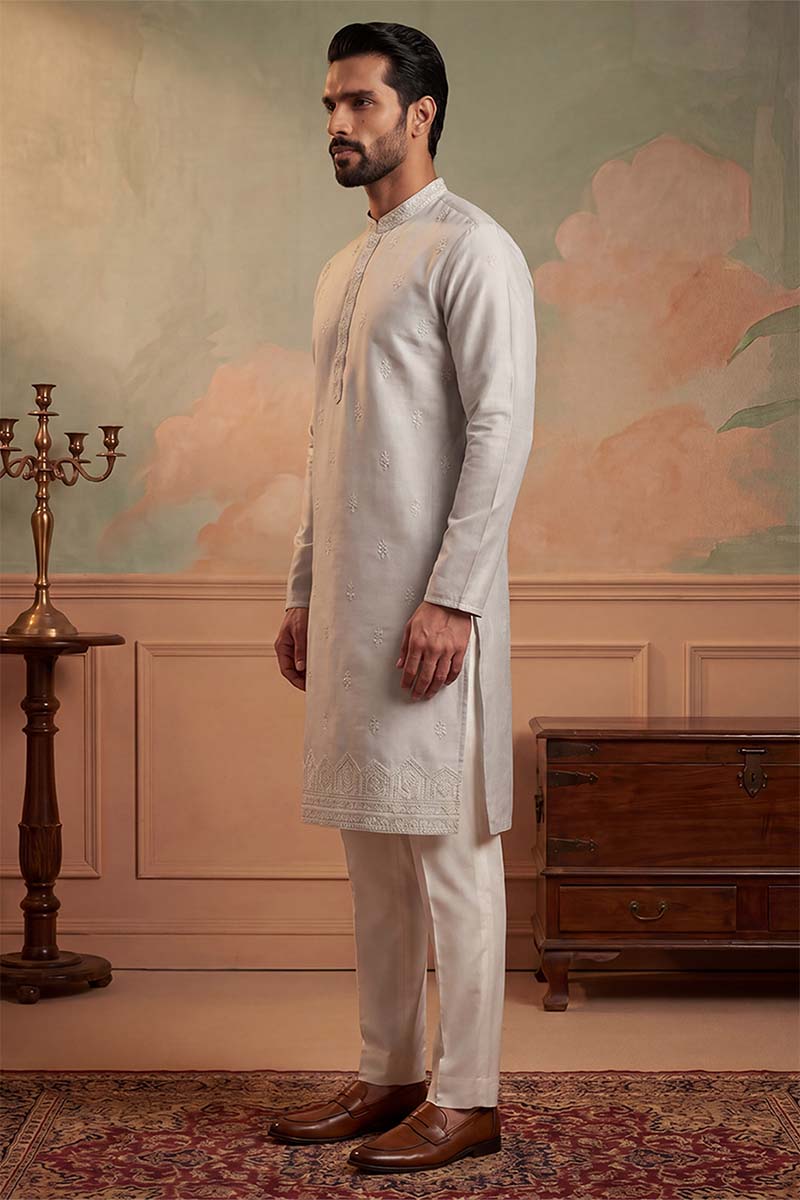 Silk Blend Silver Solid Embroidered Calf Length Straight Kurta With Trousers MKSET2273