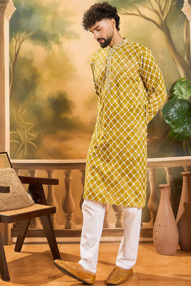 Yellow Viscose Rayon Shibori Embroidered Straight Kurta MKU1415