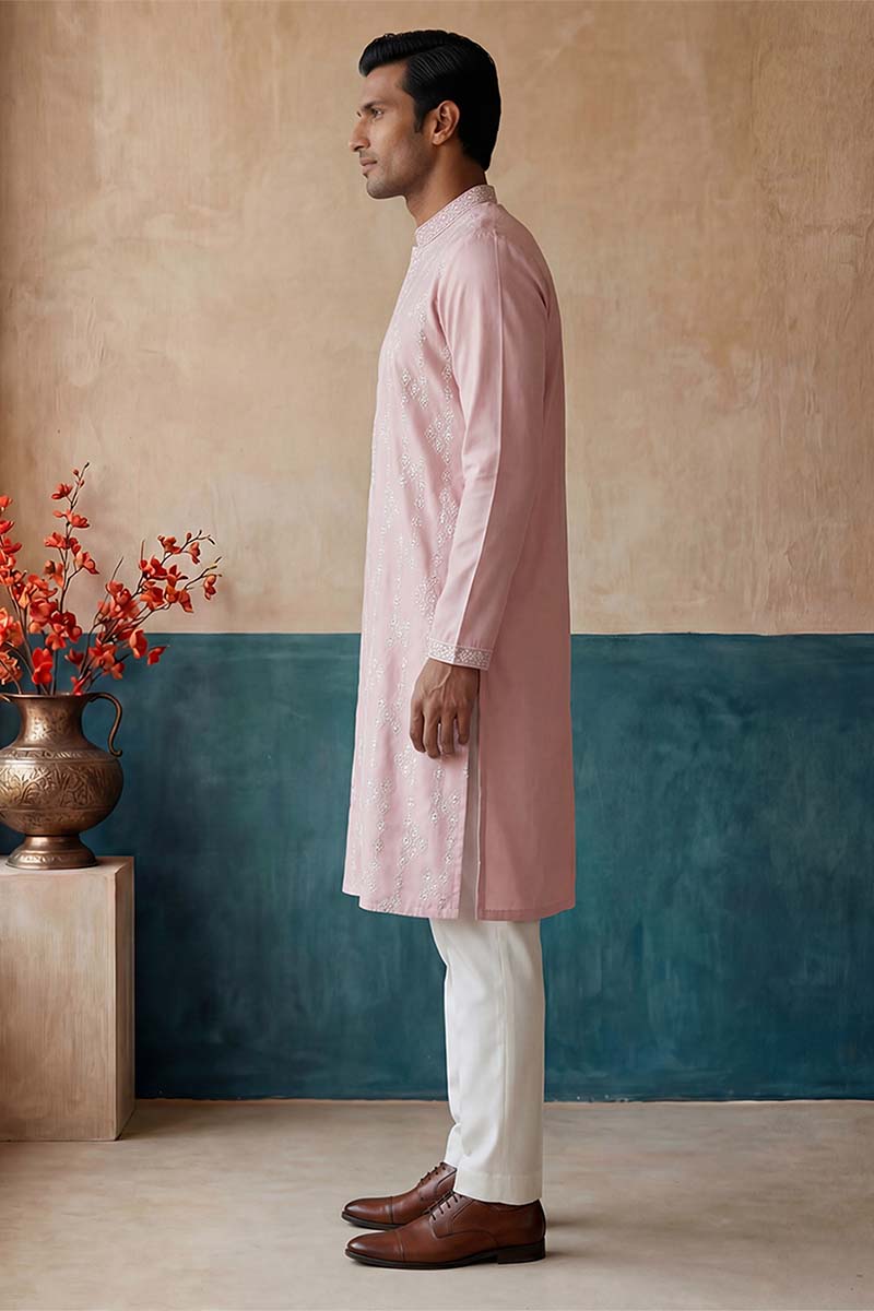 Pink Silk Blend Solid Embroidered Kurta With Trousers MKSET2088