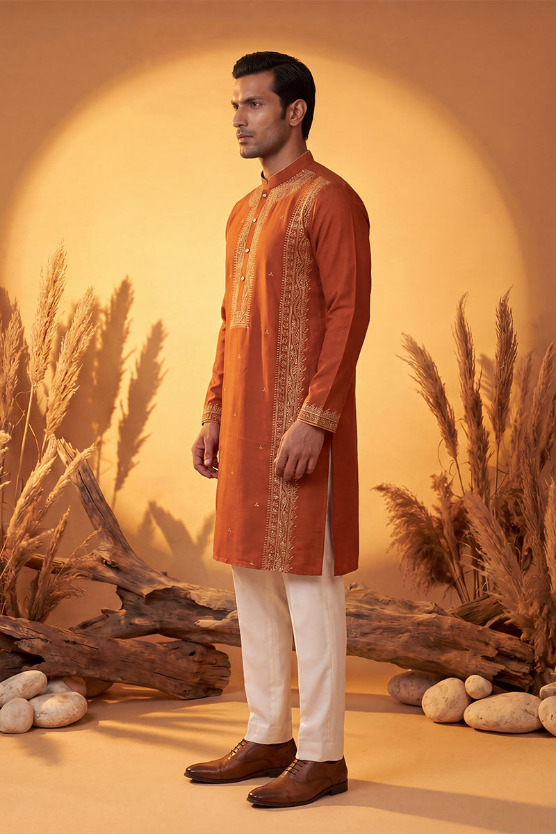 Orange Silk Blend Solid Emboidered Straight Kurta With Trouser MKSET2371